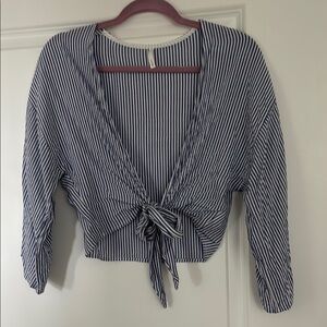 Striped V-Neck Tie-Front Top